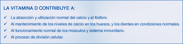 La Vitamina D contribuye a: La absorción y utlización normal del calcio y el fósforo. El mantenimiento de los niveles de calcio en los huesos, y los dientes en condiciones normales. Al funcionamiento normal de los músculos y sistema inmunitario. Al proceso de división celular.