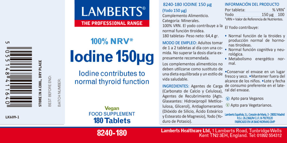 Etiqueta del Yodo 150 mcg Lamberts con sus propiedades e indicaciones