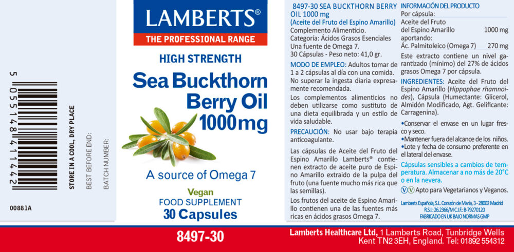Etiqueta del Aceite del fruto de Espino Amarillo 1000 mg Lamberts con sus propiedades e indicaciones
