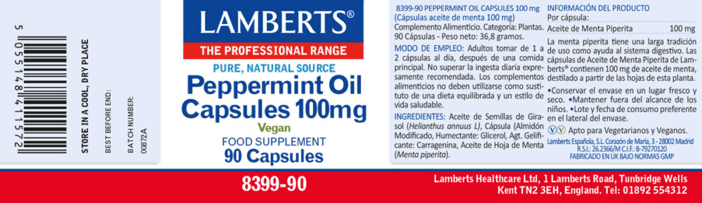 Etiqueta del Aceite de Menta 100 mg Lamberts con sus propiedades e indicaciones