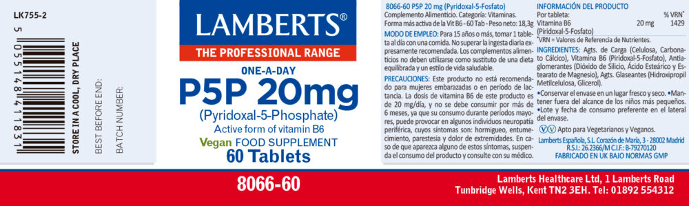Etiqueta prospecto del P5P – Piridoxal 5 Fosfato o Vitamina B6 Lamberts con sus propiedades e indicaciones