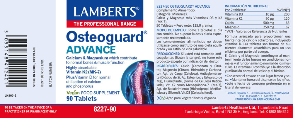 Etiqueta de Osteoguard Advance de Lamberts con sus propiedades e indicaciones