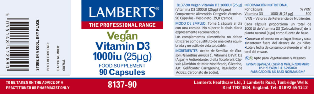 Etiqueta de la Vitamina D3 1000 ui Vegana Lamberts con sus propiedades e indicaciones