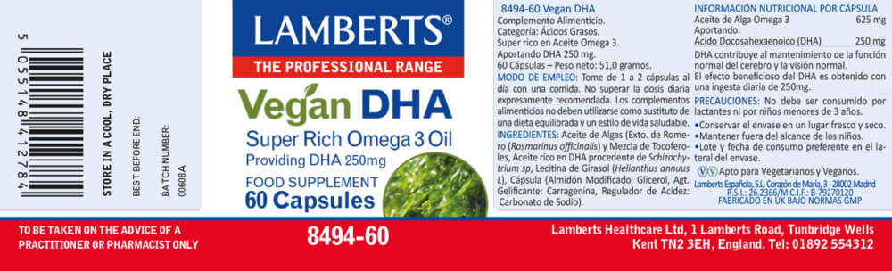 Etiqueta de DHA Vegano Omega 3 amberts con sus propiedades e indicaciones