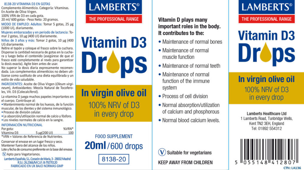 Vitamina D liquida en gotas Lamberts, etiqueta con propiedades e indicaciones