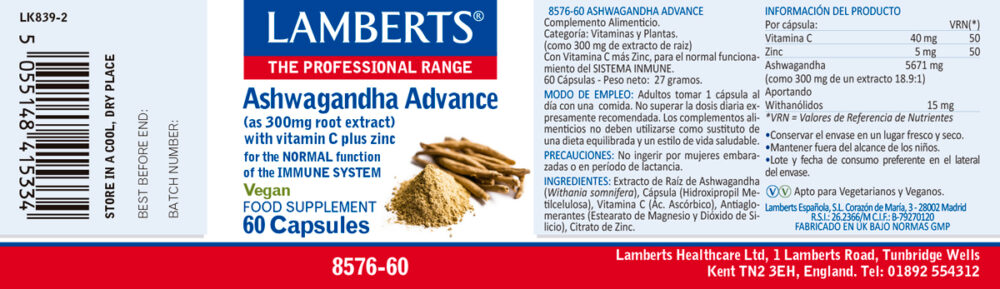 Etiqueta del Ashwagandha Lamberts con propiedades e indicaciones