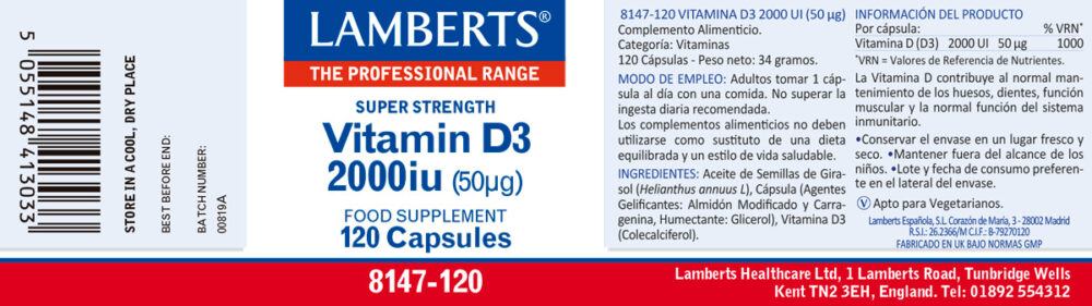 Etiqueta de la Vitamina D3 2000ui de lamberts con sus propiedades e indicaciones