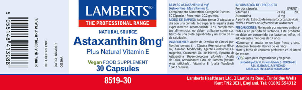 Etiqueta Prospecto de la Astaxantina con vitamina E Lamberts con sus propiedades e indicaciones