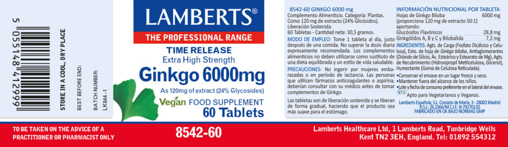 Etiqueta del Ginkgo Biloba 6000 mg de 60 pastillas Lamberts con sus propiedades e indicaciones