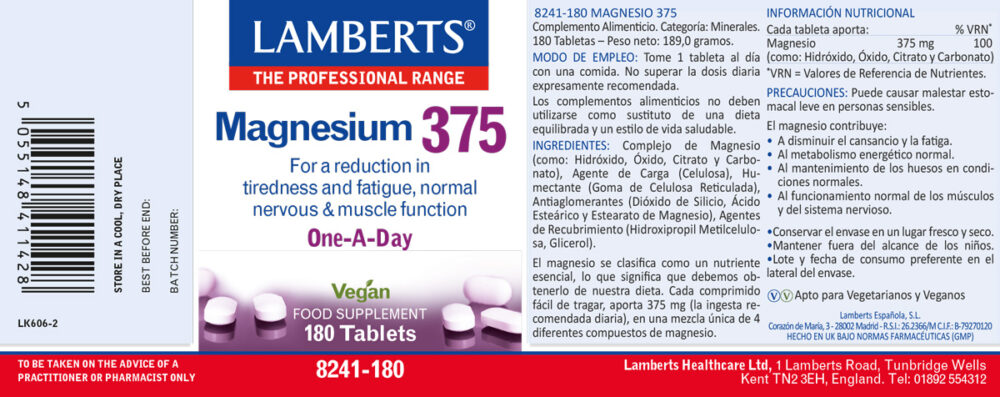 Etiqueta del Magnesio 375 mg de Lamberts con sus propiedades e indicaciones