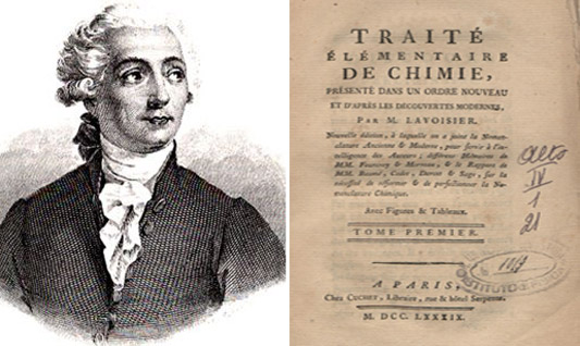 Retrato de Antoine Lavoisier y portada de su obra Tratao elemental de Química