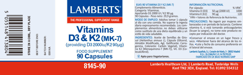 Etiqueta de la Vitamina D3 con K2 de Lamberts con sus propiedades e indicaciones