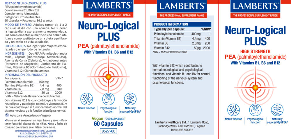 Etiqueta del Neuro-Logical PLus de Lamberts, con sus propiedades e indicaciones.