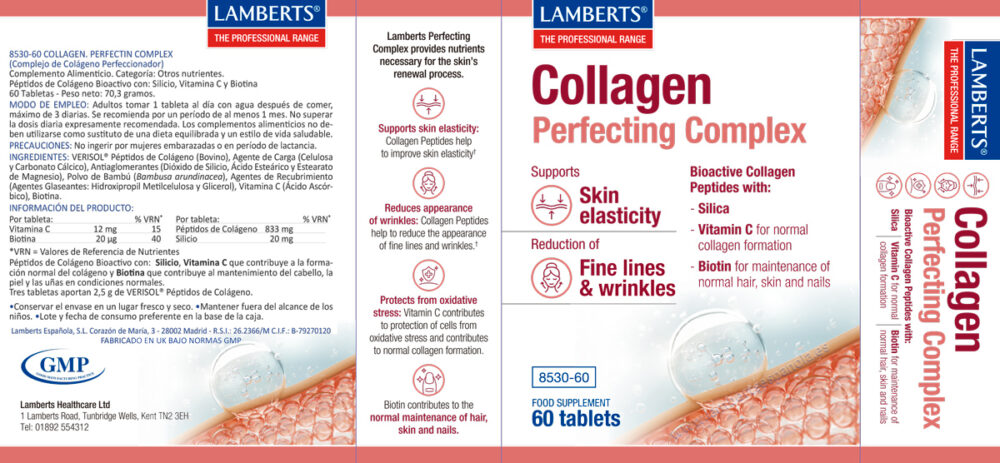 Etiqueta prospecto del Complejo perfeccionador de Colágeno Lamberts con sus propiedades e indicaciones