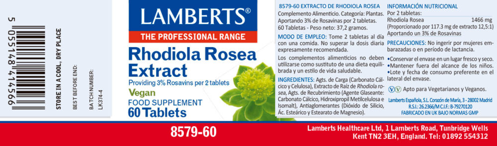 Etiqueta de la Rhodiola Rosea 1466 mg Lamberts con sus propiedades e indicaciones