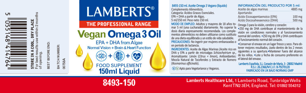 Etiqueta prospecto del Omega 3 vegano liquido lamberts con sus propiedades e indicaciones