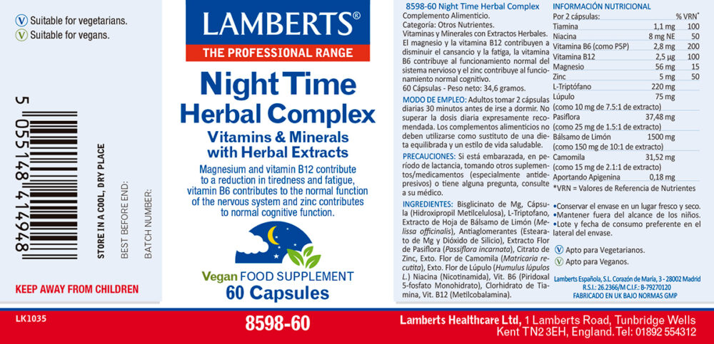 Etiqueta del producto Night Time Herbal de Lamberts con sus propiedades e indicaciones