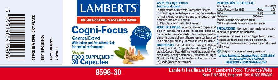 Etiqueta del cogni focus de Lamberts con sus propiedades e indicaciones