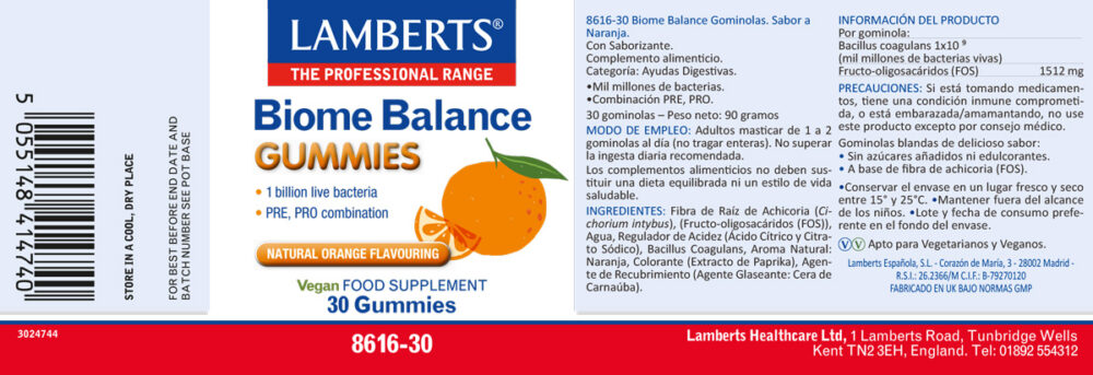 Etiqueta de las Gominolas Biome Balance de Lamberts con sus propiedades de indicaciones