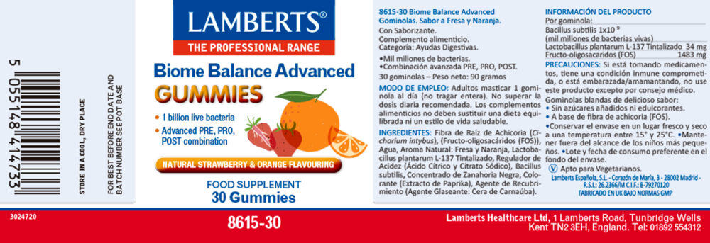 Etiqueta del Biome Balance Advance en Gominolas Lamberst, con sus propiedades e indicaciones