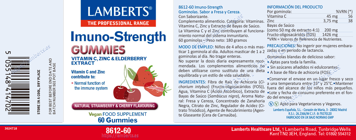 Etiqueta del Imuno-Strenght en gominolas lamberts con sus propiedades e indicaciones