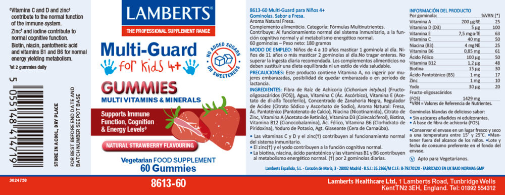 Etiqueta del Multi Guard para niños en Gominolas Lamberts, con sus propiedades de incicaciones