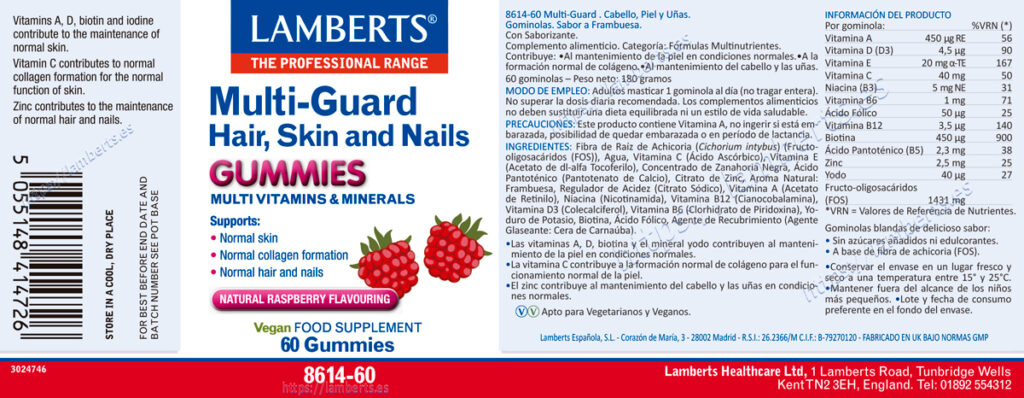 Etiqueta del Multi-Guard en Gominolas Lamberts, con sus propiedades e indicaciones