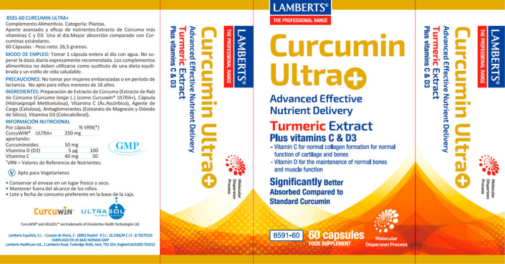 Etiqueta de la Curcumina Ultra Plus de Lamberts, con sus propiedades e indicaciones