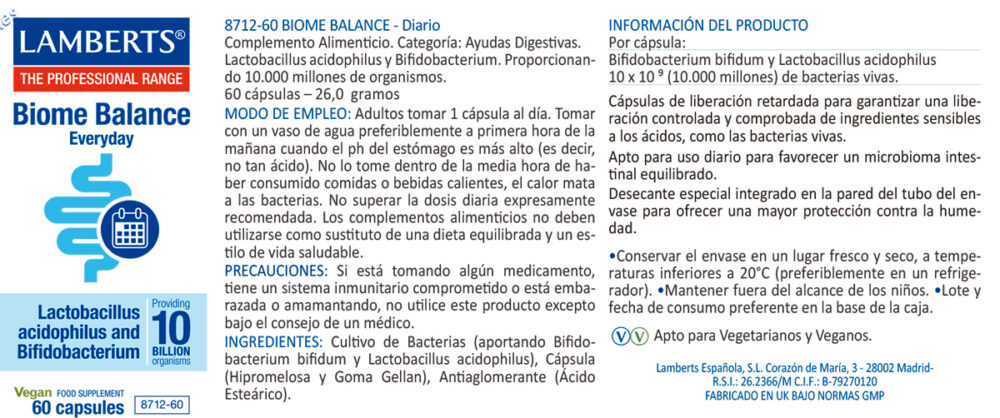 Etiqueta del Biome Balance diario de 30 cápsulas con sus propiedades e indicaciones