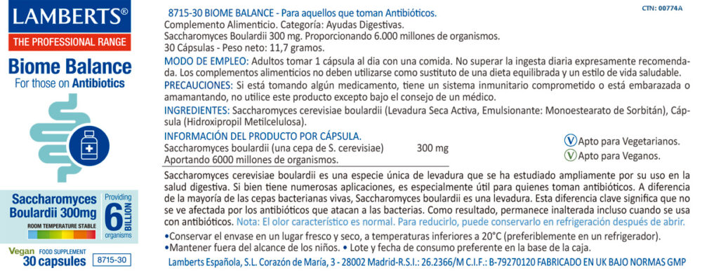 Etiqueta de biome Balance antibiótico con sus propiedades e indicaciones