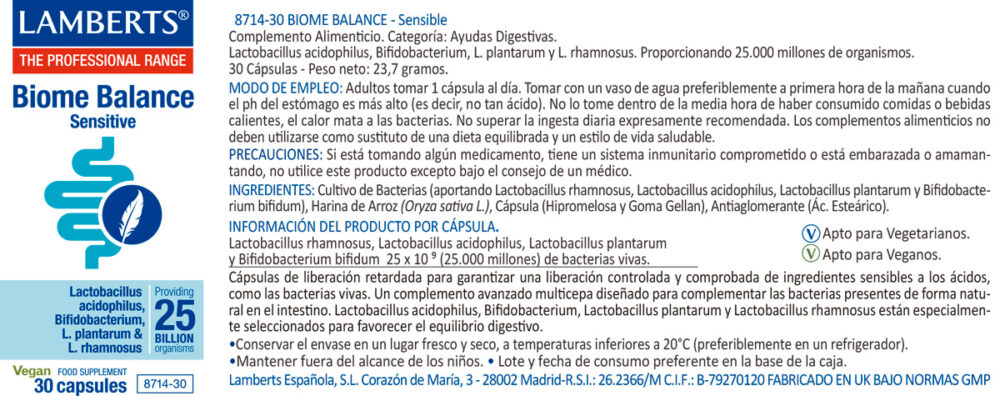 Etiqueta del BIome Balance sensible de Lamberts con sus propiedades e indicaciones
