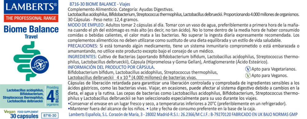 Etiqueta del Biome Balance de Lamberts con sus propiedades de indicaciones