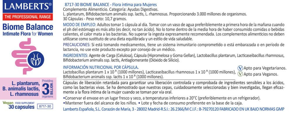 Etiqueta del Probiótico biome balance flora intima de lamberts