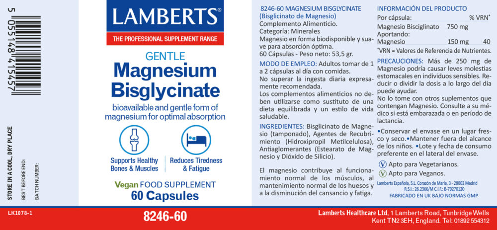 Etiqueta del Bisglicinato de Magnesio Lamberts con sus propiedades e indicaciones