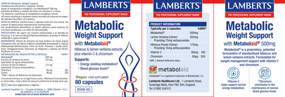 Etiqueta del Metabolic Weight Support de Lamberts con sus propiedades de indicaciones