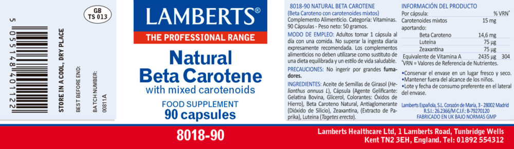 Etiqueta del Beta caroteno lamberts con sus propiedades de indicaciones