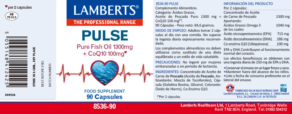 Etiqueta de Pulse con Omega 3 y CoQ10 de Lamberts con sus propiedades e indicaciones
