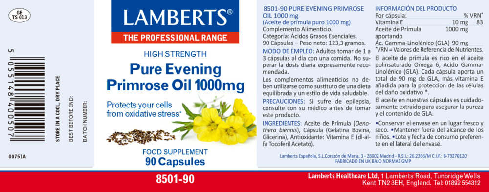 Etiqueta del aceite de onagra 1000 mg lamberts con sus propiedades e indicaciones
